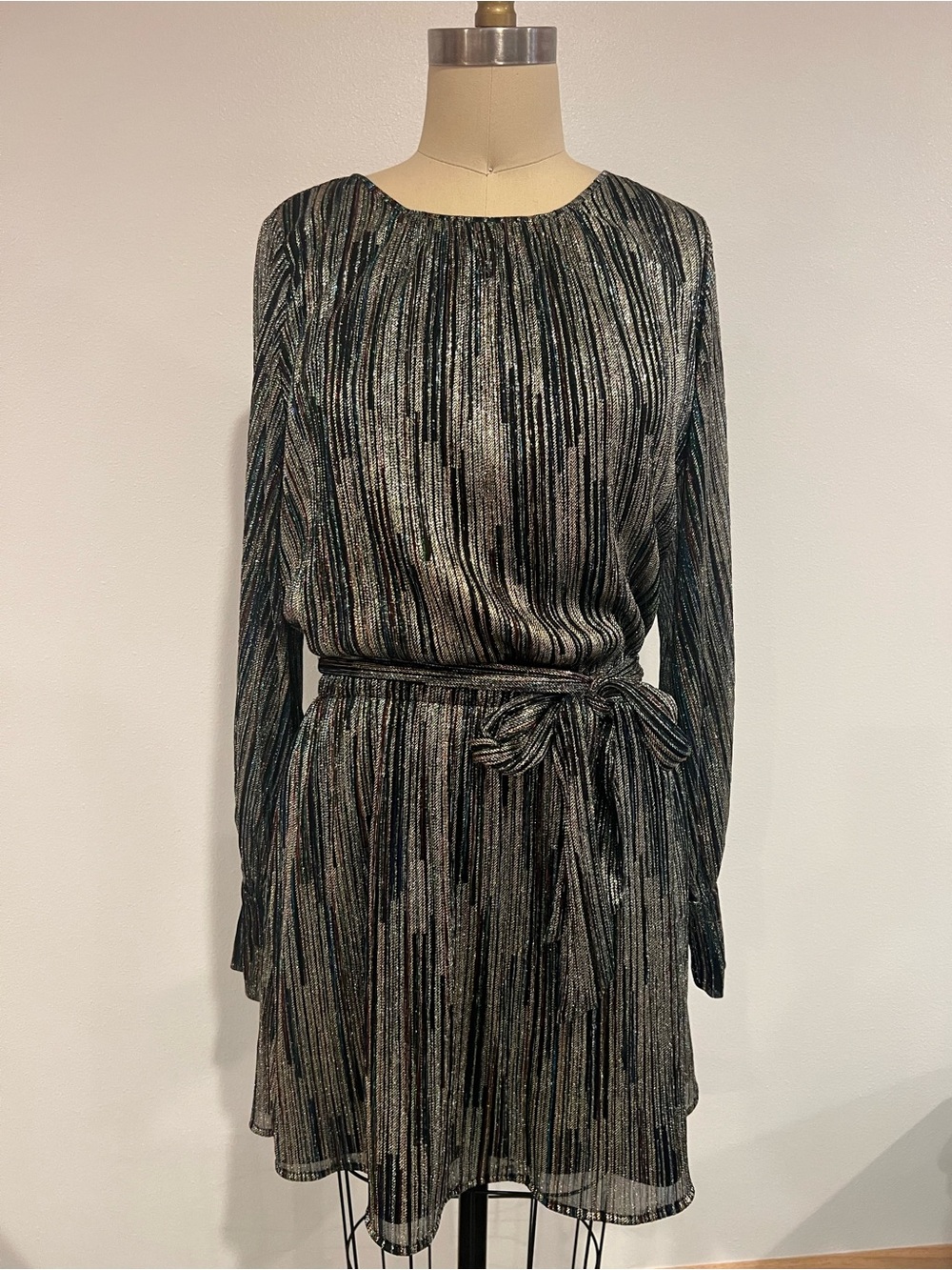 Ramy Brook New York Metallic Striped Long Sleeve Tie Waist Dress